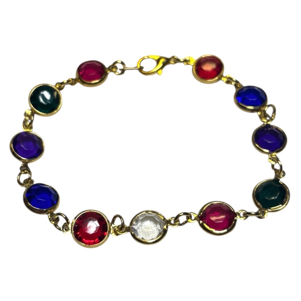 Gold Tone Tennis Bracelet With Multi Colored Stones Crystals Vintage 20cm